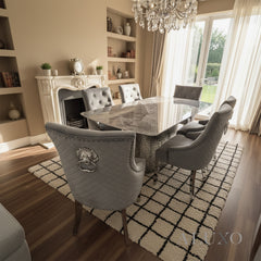 Lucca 160cm | 180cm Grey Marble Dining Table with Hammered Metal Block Base