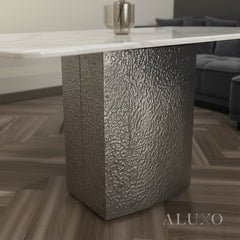 Lucca 160cm | 180cm White Marble Dining Table with Hammered Metal Block Base