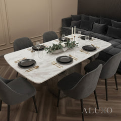 Lucca 160cm | 180cm White Marble Dining Table with Hammered Metal Block Base