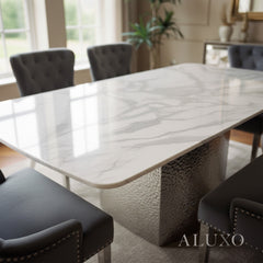 Lucca 160cm | 180cm White Marble Dining Table with Hammered Metal Block Base