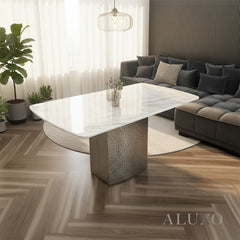 Lucca 160cm | 180cm White Marble Dining Table with Hammered Metal Block Base
