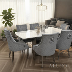 Lucca 160cm | 180cm White Marble Dining Table with Hammered Metal Block Base