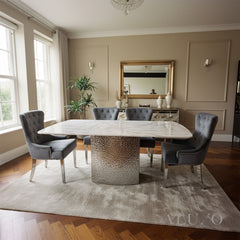 Lucca 160cm | 180cm White Marble Dining Table with Hammered Metal Block Base