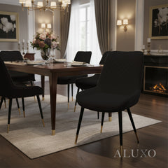 Lyder Plush Velvet Dining Chair | Cross Stitch Back, Scandinavian Black Metal Legs | Navy Blue / Emerald Green / Black