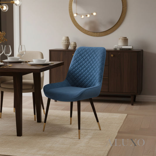 Lyder Plush Velvet Dining Chair | Cross Stitch Back, Scandinavian Black Metal Legs | Navy Blue / Emerald Green / Black