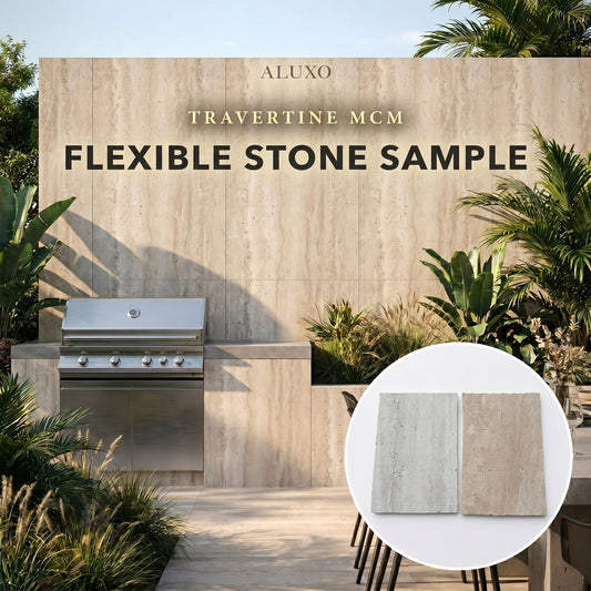 Sample – Travertine MCM Flexible Stone Outdoor Wall Panel | Beige & Light Grey