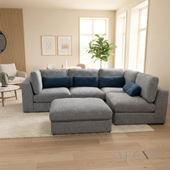 Madison 4+1 Seater Modular Sofa in Blue Chenille with Storage Stool