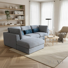 Madison 4+1 Seater Modular Sofa in Blue Chenille with Storage Stool