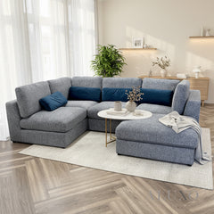 Madison 4+1 Seater Modular Sofa in Blue Chenille with Storage Stool