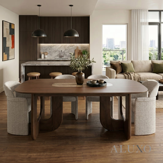 ALUXO® Madrid 2.0m Walnut Dining Set – Open Ebony Base Table with 4/6 Madrid Cream Bouclé Chairs