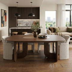ALUXO® Madrid 2.0m Walnut Dining Set – Open Ebony Base Table with 4/6 Madrid Cream Bouclé Chairs