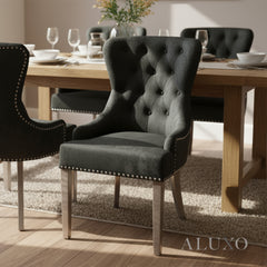 ALUXO® Megan Black Velvet Dining Chair | Chrome Ring Knocker, Studded Detailing, Plain Back Design