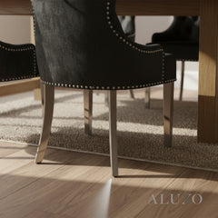 ALUXO® Megan Black Velvet Dining Chair | Chrome Ring Knocker, Studded Detailing, Plain Back Design