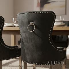 ALUXO® Megan Black Velvet Dining Chair | Chrome Ring Knocker, Studded Detailing, Plain Back Design