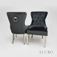 ALUXO® Megan Black Velvet Dining Chair | Chrome Ring Knocker, Studded Detailing, Plain Back Design