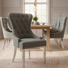 ALUXO® Megan Dark Grey Velvet Dining Chair | Chrome Ring Knocker, Studded Detailing, Plain Back Design