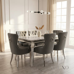 ALUXO® Megan Dark Grey Velvet Dining Chair | Chrome Ring Knocker, Studded Detailing, Plain Back Design