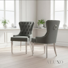 ALUXO® Megan Dark Grey Velvet Dining Chair | Chrome Ring Knocker, Studded Detailing, Plain Back Design