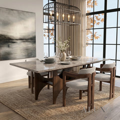 ALUXO® Mercado 2.2m Walnut & Beige Marble Dining Set – Sculptural Base Table with 6/8 Clara Oatmeal Bouclé Chairs