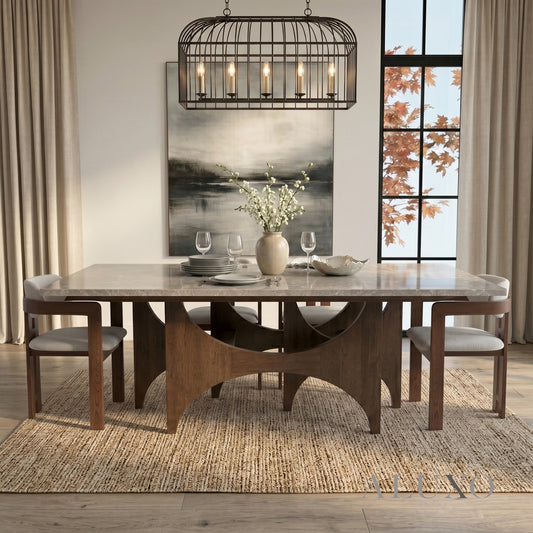 ALUXO® Mercado 2.2m Walnut & Beige Marble Dining Set – Sculptural Base Table with 6/8 Clara Oatmeal Bouclé Chairs