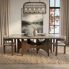 ALUXO® Mercado 2.2m Walnut & Beige Marble Dining Set – Sculptural Base Table with 6/8 Clara Oatmeal Bouclé Chairs