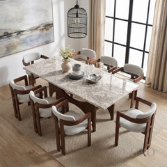 ALUXO® Mercado 2.2m Walnut & Beige Marble Dining Set – Sculptural Base Table with 6/8 Clara Oatmeal Bouclé Chairs