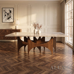 ALUXO® Mercado 220cm Walnut & Beige Marble Dining Table - Sculptural Base