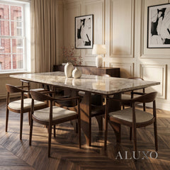 ALUXO® Mercado 220cm Walnut & Beige Marble Dining Table - Sculptural Base