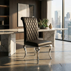 Niklas Black Faux Leather Dining Chair | Cross Stitch Back, High Scroll Top, Chrome Curved Legs