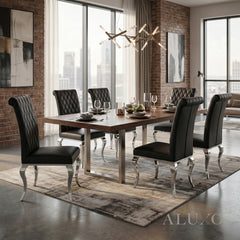 Niklas Black Faux Leather Dining Chair | Cross Stitch Back, High Scroll Top, Chrome Curved Legs
