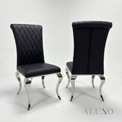 Valdemar 1.6m Black Sintered Stone Dining Set – Chrome Pedestal Base with 4/6 Niklas Leather Chairs