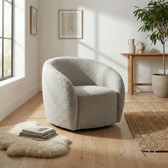 ALUXO® Nolita Swivel Chair – Koala Grey-Brown Teddy Bouclé | 360° Organic Design