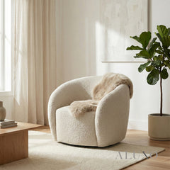 ALUXO® Nolita Swivel Chair – Latte Grey-Milk Teddy Bouclé | 360° Organic Design