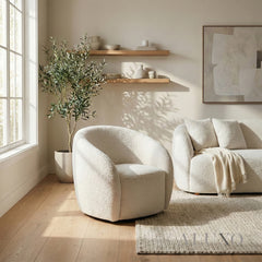 ALUXO® Nolita Swivel Chair – Latte Grey-Milk Teddy Bouclé | 360° Organic Design