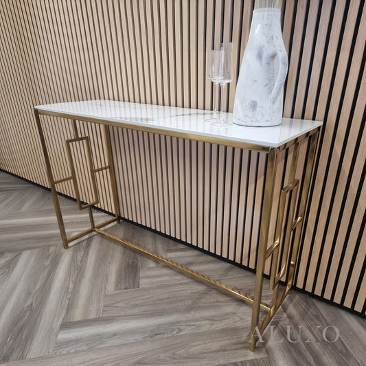 Nori Gold Console Table – 120x40cm Slim Polar White Sintered Stone Top, Art Deco Design