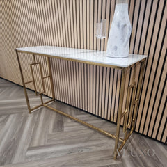Nori Gold Console Table – 120x40cm Slim Polar White Sintered Stone Top | Art Deco Design
