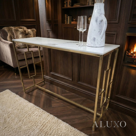Nori Gold Console Table – 120x40cm Slim Polar White Sintered Stone Top | Art Deco Design