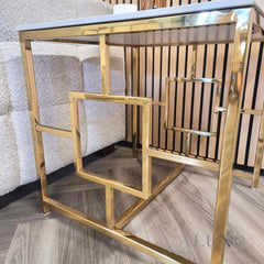 Nori Gold Lamp End Side Table – 55x55cm Polar White Sintered Stone Top, Art Deco Style