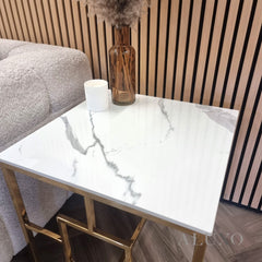 Nori Gold Lamp End Side Table – 55x55cm Polar White Sintered Stone Top, Art Deco Style