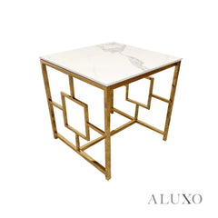 Nori Gold Lamp End Side Table – 55x55cm Polar White Sintered Stone Top, Art Deco Style