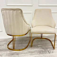 Vittoria 1.8m Slimline Gold Dining Set ā White Sintered Stone Table with 4/6 Olivia Velvet Chairs