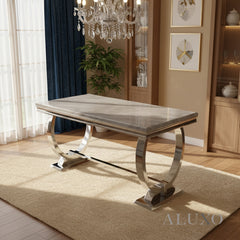 Orvar 150cm Marble Dining Table with Double Ring Chrome Base – White, Grey, Cream