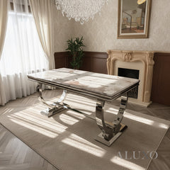 Orvar 150cm Marble Dining Table with Double Ring Chrome Base – White, Grey, Cream