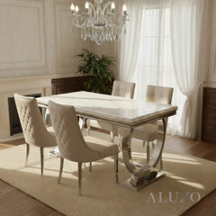 Orvar 150cm Marble Dining Table with Double Ring Chrome Base – White, Grey, Cream