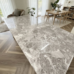 Orvar 150cm Marble Dining Table with Double Ring Chrome Base – White, Grey, Cream