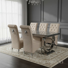 Orvar 1.8m Light Grey Marble Dining Table with Chrome Double O Base & 4/6 Cream Velvet Lion Knocker Chairs