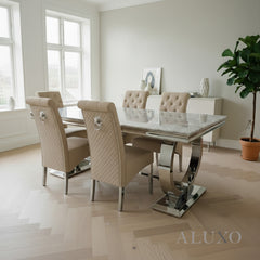 Orvar 1.8m Light Grey Marble Dining Table with Chrome Double O Base & 4/6 Cream Velvet Lion Knocker Chairs