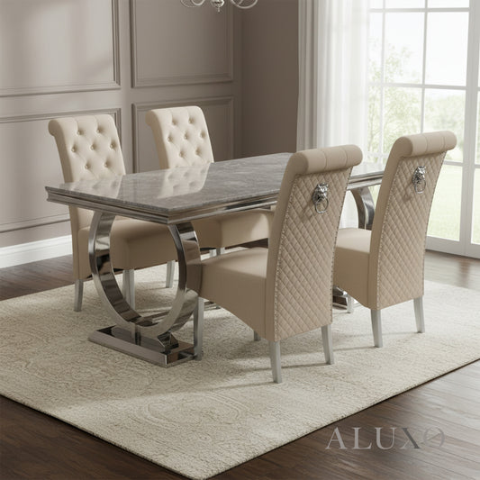 Orvar 1.8m Light Grey Marble Dining Table with Chrome Double O Base & 4/6 Cream Velvet Lion Knocker Chairs