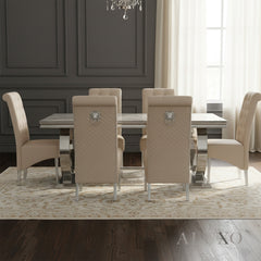 Orvar 1.8m Light Grey Marble Dining Table with Chrome Double O Base & 4/6 Cream Velvet Lion Knocker Chairs