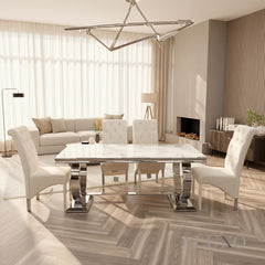 Orvar 1.8m Cream Marble Dining Table with Chrome Double O Base & 4/6 Cream Velvet Lion Knocker Chairs